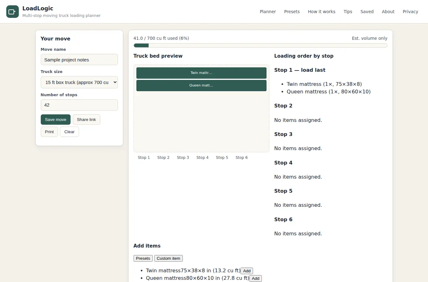Screenshot of LoadLogic: Multi-Stop Moving Truck Loading Planner interface showing the project page in use